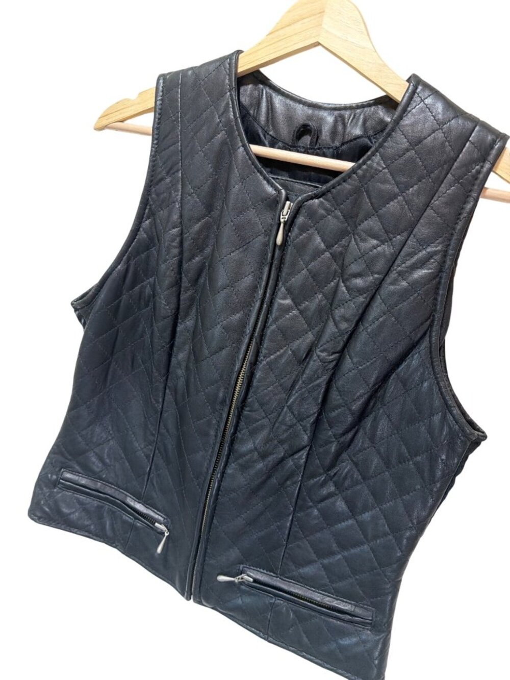 The Limited Vintage 90s Quilted Black Leather Zip-Up Vest With Front Pockets Siz